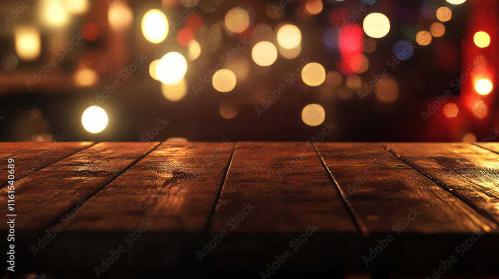 Aufkleber rustic wooden table top glowing with bokeh lights in warm setting, creating cozy atmosphere perfect 