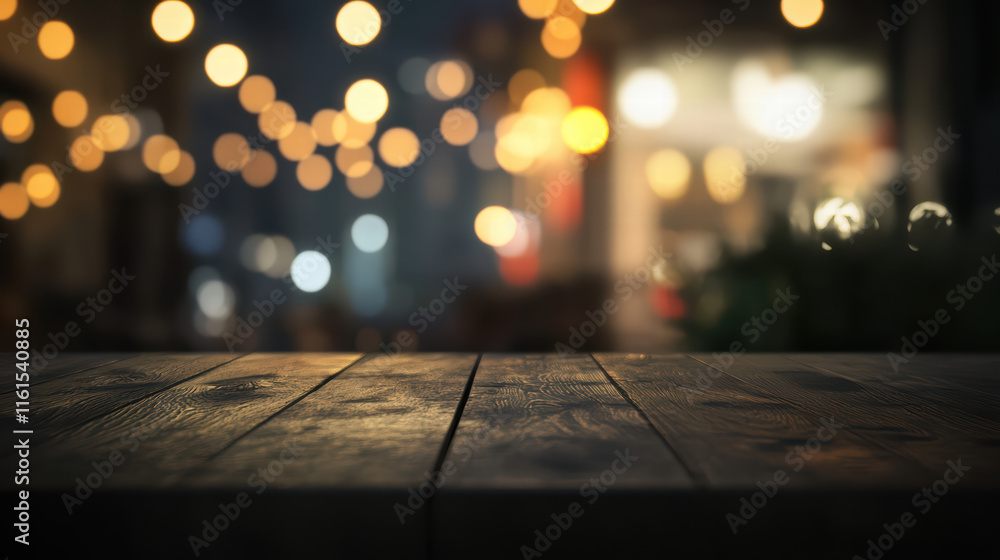 Aufkleber simple wooden table top with dreamy bokeh lights in background creates warm and inviting atmosphere.