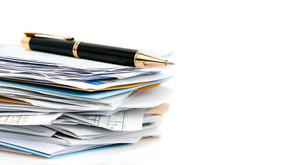 stack of financial documents with pen on top, symbolizing organization and analysis