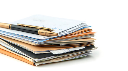 stack of financial documents, reports, and pen on top, symbolizing organization and analysis