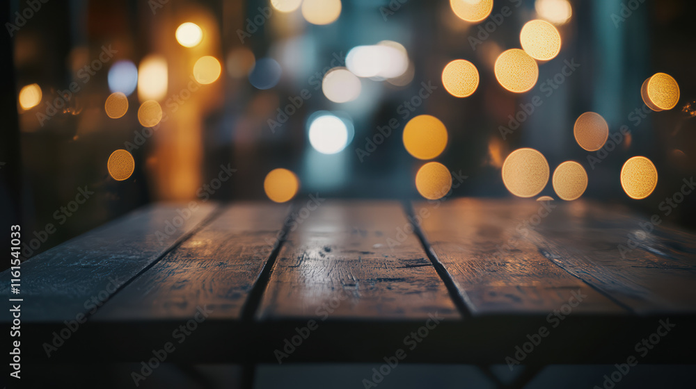Aufkleber simple wooden table top with dreamy bokeh lights in background creates warm and inviting atmosphere.