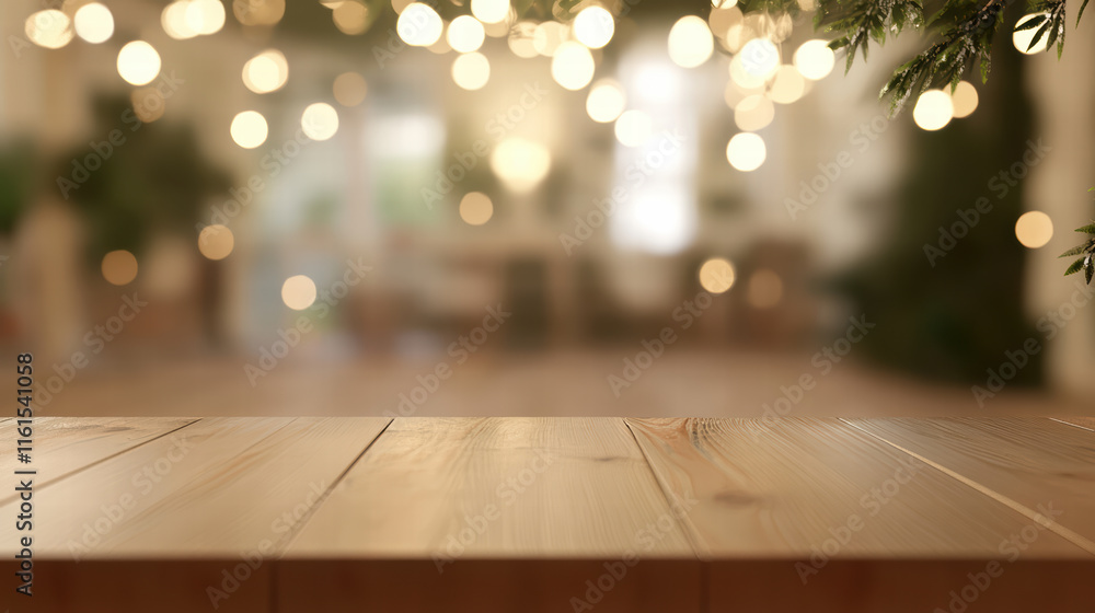 Poster simple wooden table top with dreamy bokeh lights in cozy setting, creating warm and inviting atmosph