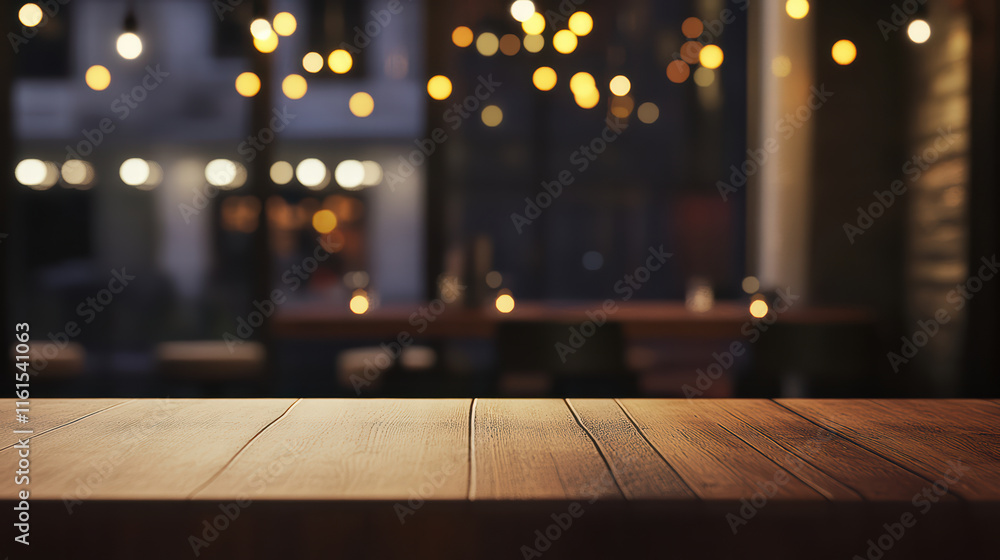 Aufkleber simple wooden table top with dreamy bokeh lights in cozy setting, creating warm and inviting atmosph