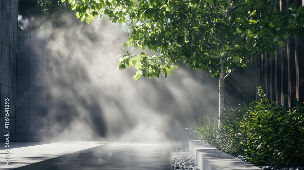 Poster soft white mist flows on ground, creating tranquil atmosphere in serene garden setting with lush gre