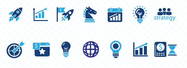 Strategy icon set. Containing goal, tactics, vision, plan, objective, roadmap, problem-solving, mission, solution and execution