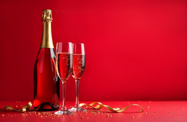 A bottle of champagne with a gold label, two glasses side by side on a red background, a Valentines...