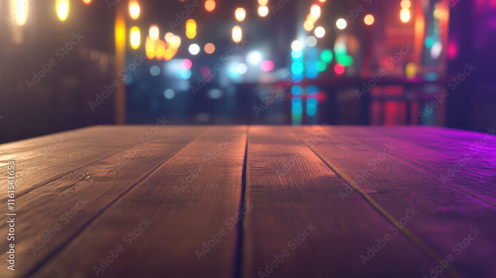 Aufkleber stylish empty wooden table top with colorful bokeh lights in background, creating vibrant and inviti