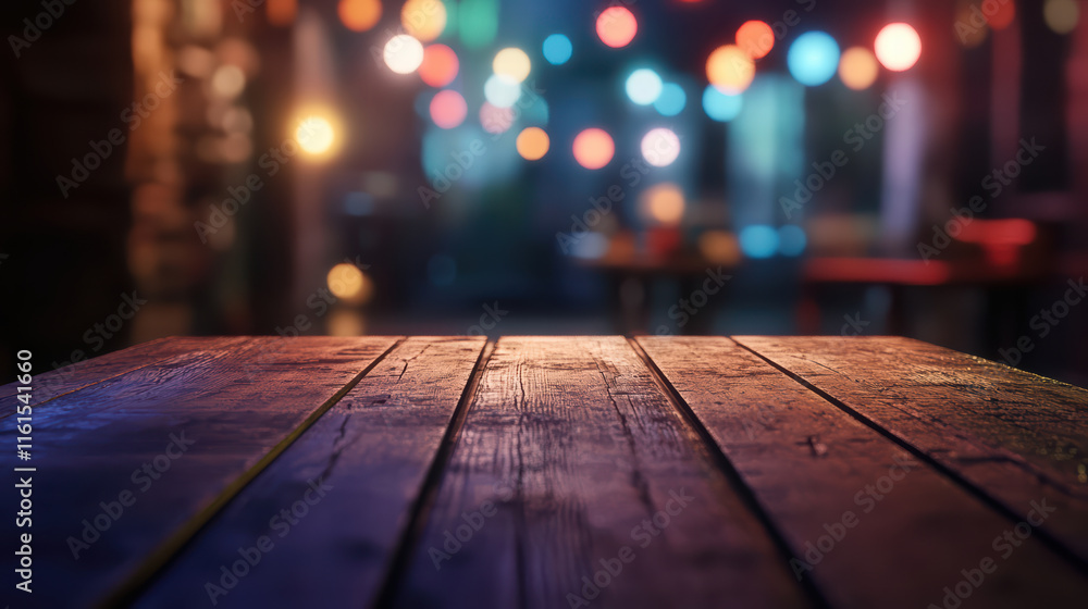 Poster stylish empty wooden table top surrounded by colorful bokeh lights, creating warm and inviting atmos