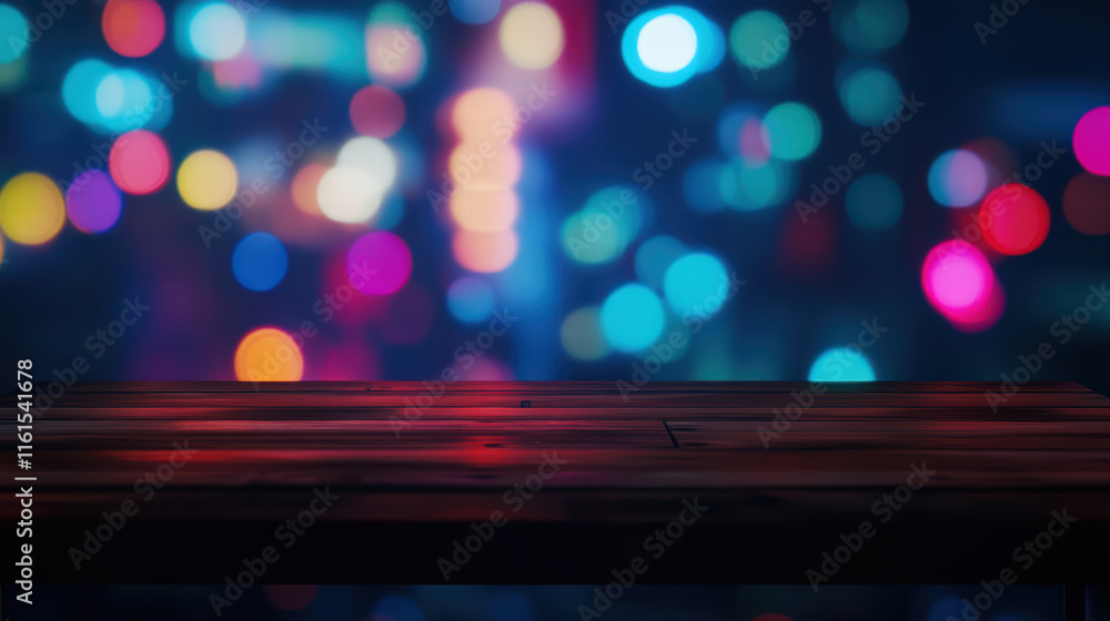Poster stylish empty wooden table top with colorful bokeh background, perfect for showcasing products or cr