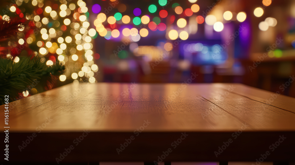 Poster stylish empty wooden table top surrounded by colorful bokeh lights creates warm and inviting atmosph
