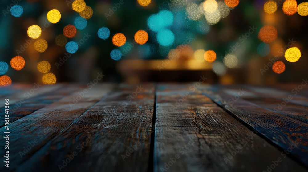 Aufkleber stylish wooden table top surrounded by colorful bokeh lights creating warm and inviting atmosphere. 