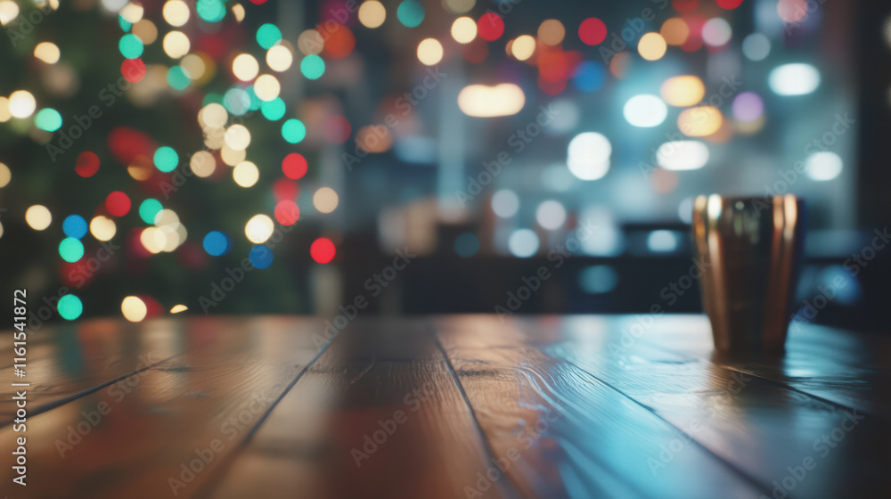 Poster stylish wooden table top is beautifully highlighted by colorful bokeh lights in festive setting, cre