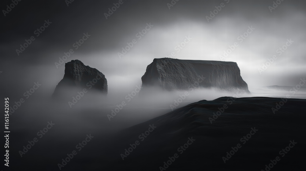 Poster thick fog envelops dark rock formations, creating mysterious atmosphere. scene evokes sense of calm 