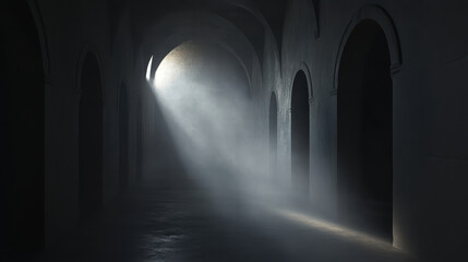 thick fog rolls through dark corridor, illuminated by beam of light. atmosphere is mysterious and captivating, perfect for evoking sense of intrigue and wonder