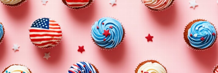 Colorful cupcakes decorated with American flags and blue frosting on a pink background for celebration. Generative AI