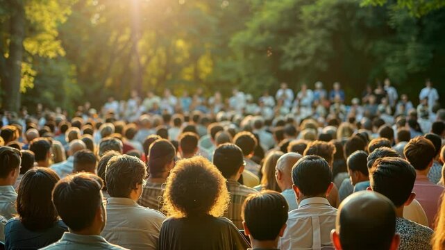 A sea of indistinguishable faces sit in front of a blurred backdrop of trees united in their faith at the outdoor church service.