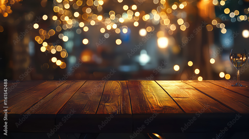 Aufkleber warm wooden table top with shimmering bokeh lights in background, creating cozy and inviting atmosph
