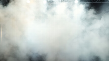 Fototapeta premium Thick white smoke enveloping stage, enhancing visual atmosphere and creating dramatic effect. scene is illuminated by bright stage lights, adding to ambiance