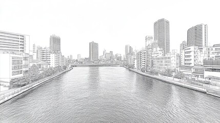 Fototapeta premium Sketch of urban cityscape with river.