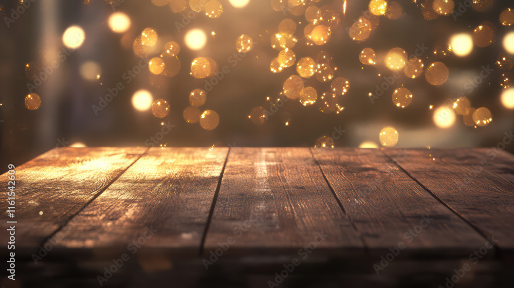 Aufkleber warm wooden table top with shimmering bokeh lights creating magical atmosphere. soft glow enhances r