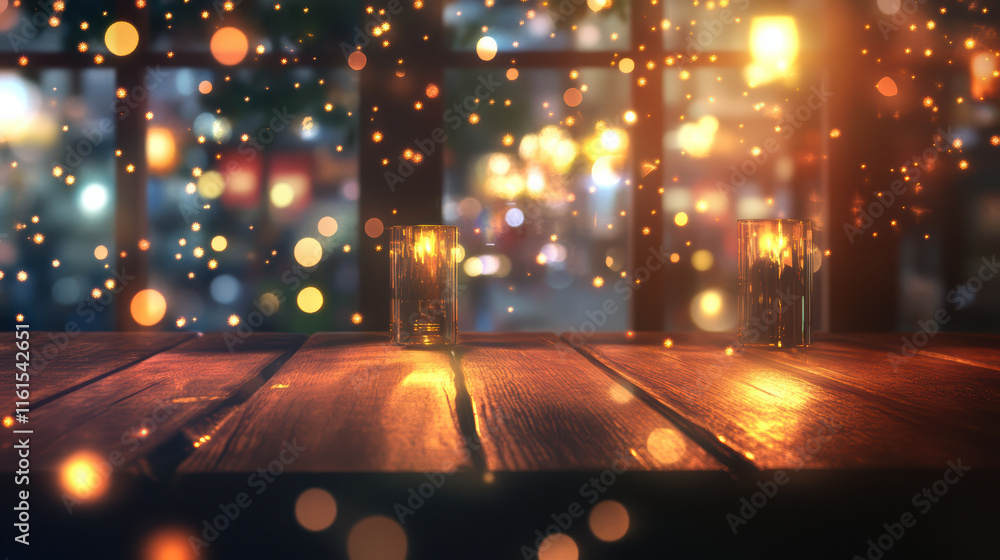 Poster warm wooden table with shimmering bokeh lights creating cozy atmosphere. soft glow of candles enhanc