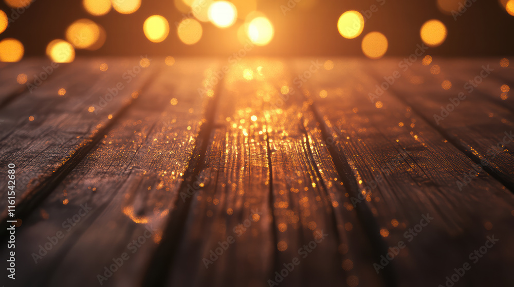 Poster warm wooden table top with shimmering bokeh lights creating cozy atmosphere. soft glow enhances text