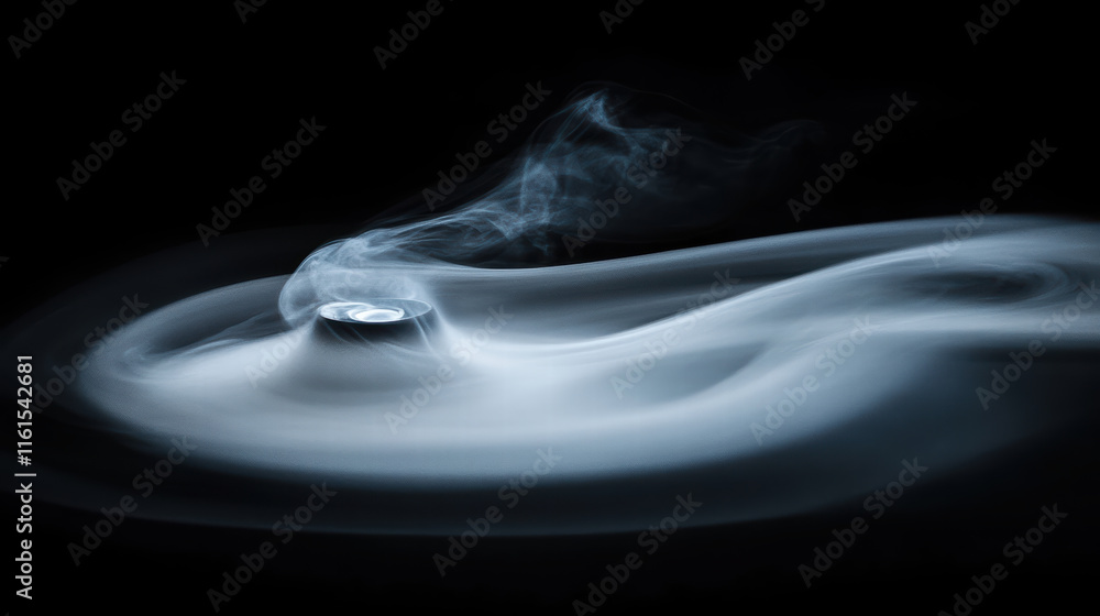 Poster swirling white fog envelops central object, creating mysterious atmosphere in dark setting. ethereal