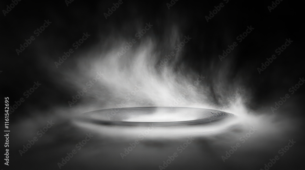 Poster swirling white fog envelops central circular object, creating mysterious and ethereal atmosphere. co