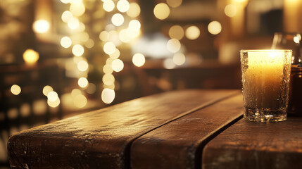 warm wooden table with glowing candle and shimmering bokeh lights creates cozy atmosphere, perfect for intimate gatherings or romantic dinners