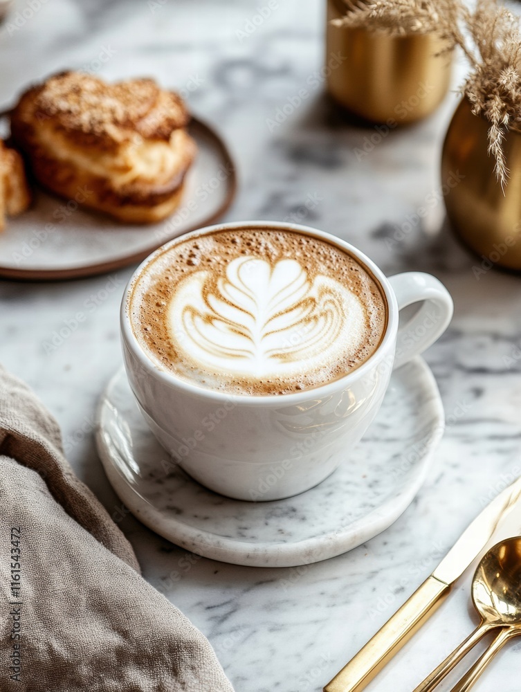 Poster enjoying a premium cup of coffee with intricate latte art in a cozy café setting early in the mornin