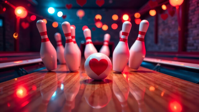 Bowling pins standing in a row, red heart, alley decorated for Valentine's Day in the background, copy space
