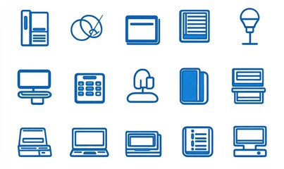 Blue outline icons of various office equipment and technology.