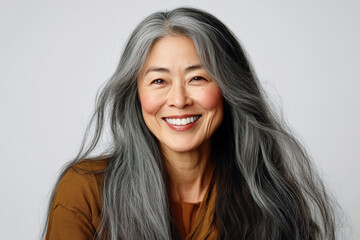 Naklejka premium A beautiful smiling woman with long gray hair is wearing an elegant blouse and standing in front of the camera, with her head slightly tilted to one side as she smiles gently at something offscreen.