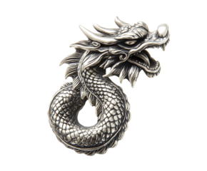 Intricate silver dragon sculpture with detailed scales and fierce expression. Isolated on transparent white background, png