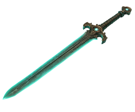 A mystical sword with an ornate design and glowing blade, featuring intricate patterns and jewels. Isolated on transparent white background, png