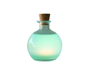 A mystical glass bottle filled with a glowing turquoise liquid or potion, topped with a cork. Isolated on transparent white background, png	
