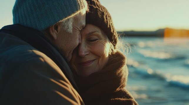 Elderly couple embracing at sunset on beach