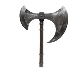 A detailed, heavy-duty double-headed battle axe with a wooden handle. Isolated on transparent white background, png	
