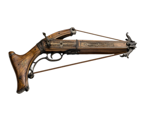 Intricate antique crossbow showcasing exquisite woodwork and metal detailing.  Isolated on transparent white background, png	