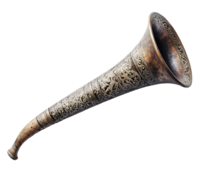 An intricately designed vintage horn with ornate carvings, showcasing craftsmanship and timeless elegance.  Isolated on transparent white background, png	