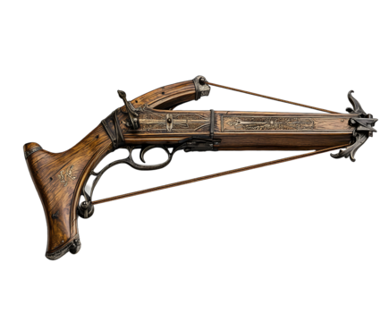 Intricate antique crossbow showcasing exquisite woodwork and metal detailing.  Isolated on transparent white background, png	