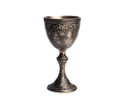Ornate silver chalice with intricate engravings and a polished finish, perfect for ceremonial use.  Isolated on transparent white background, png	