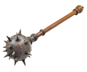 Close-up of a medieval spiked mace with a wooden handle and metal spikes, showcasing its intricate design. Isolated on transparent white background, png	