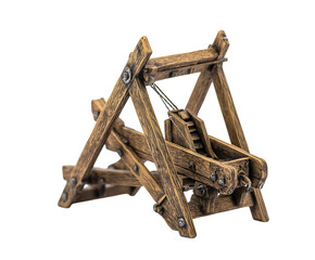 A small wooden catapult model showcasing intricate craftsmanship and medieval design. Isolated on transparent white background, png	