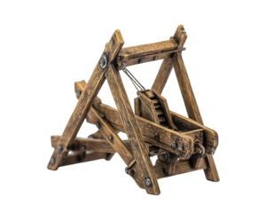 A small wooden catapult model showcasing intricate craftsmanship and medieval design. Isolated on transparent white background, png	