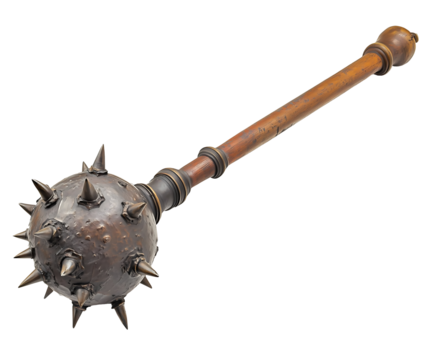Close-up of a medieval spiked mace with a wooden handle and metal spikes, showcasing its intricate design. Isolated on transparent white background, png	