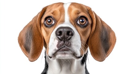Hilarious Close-up of Surprised Beagle Dog with Enormous Eyes, Isolated on White Background