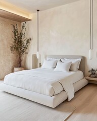 Levanto bedroom with taupe walls and biophilic planters