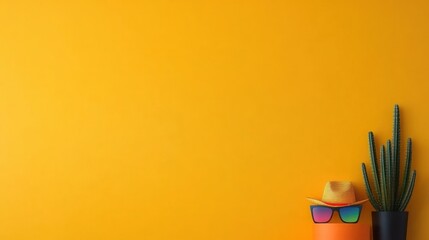 Fototapeta premium Fiesta Cactus: Colorful Sunglasses and Sombrero on Yellow Background Banner