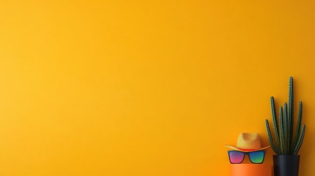 Fiesta Cactus: Colorful Sunglasses and Sombrero on Yellow Background Banner